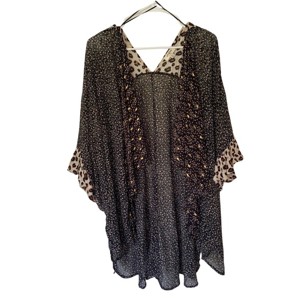 Umgee Floral Kimono Leopard Trim Open Front Bohemian Cover Up M/L‎ - Picture 1 of 6